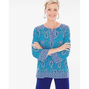 Chico’s Split Neck Paisley Top Tunic Sz 4 (Sz 20 or XXL) StretchBlue